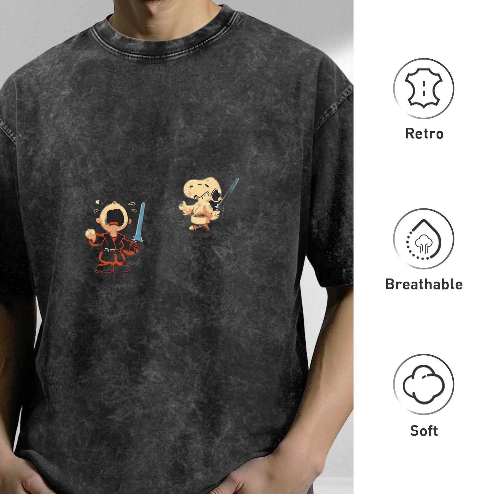 Washed black graphic t-shirt with Charlie Brown and Snoopy Jedi designs