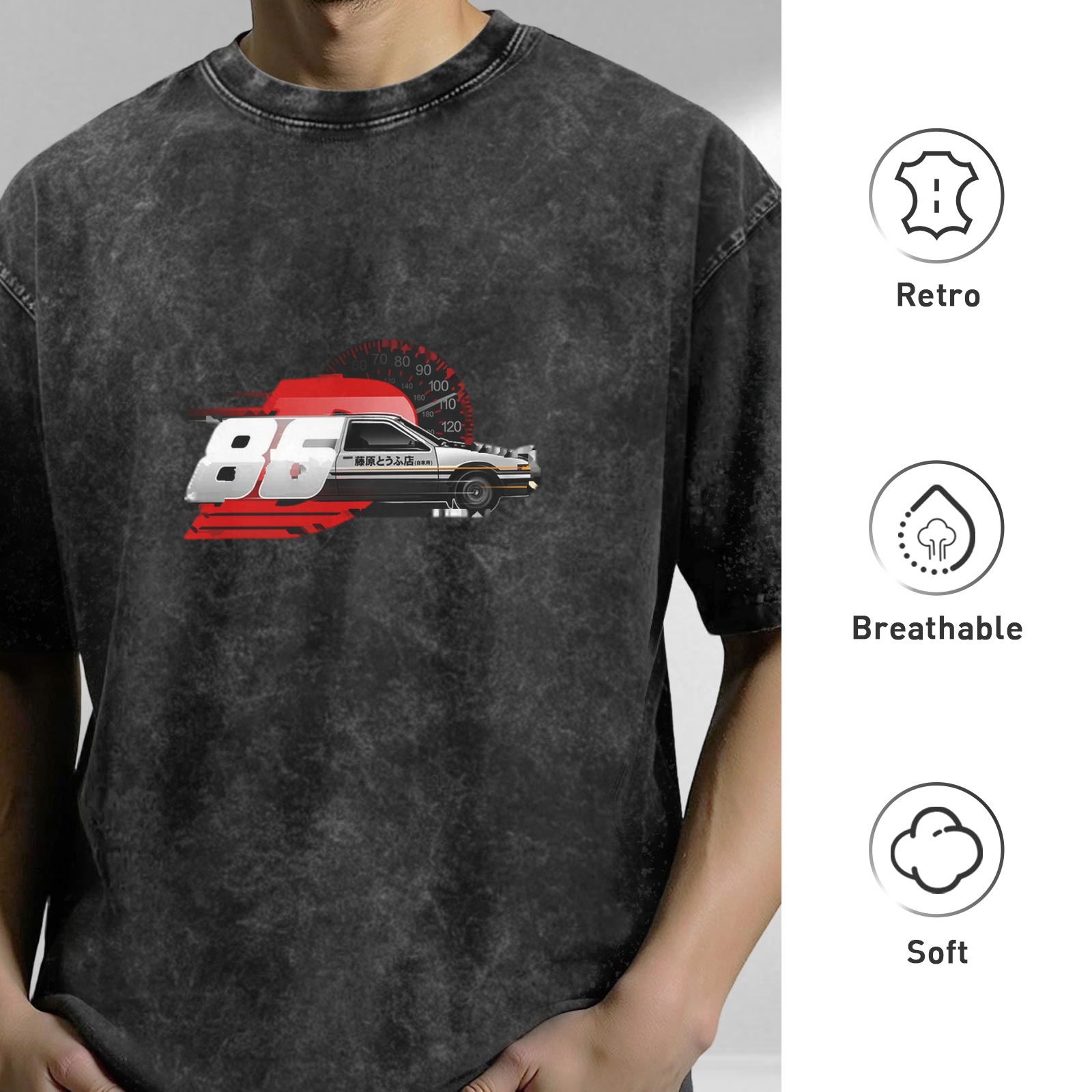 Distressed black loose short-sleeved T-shirt Initial D AE86 racing print washed retro round neck top