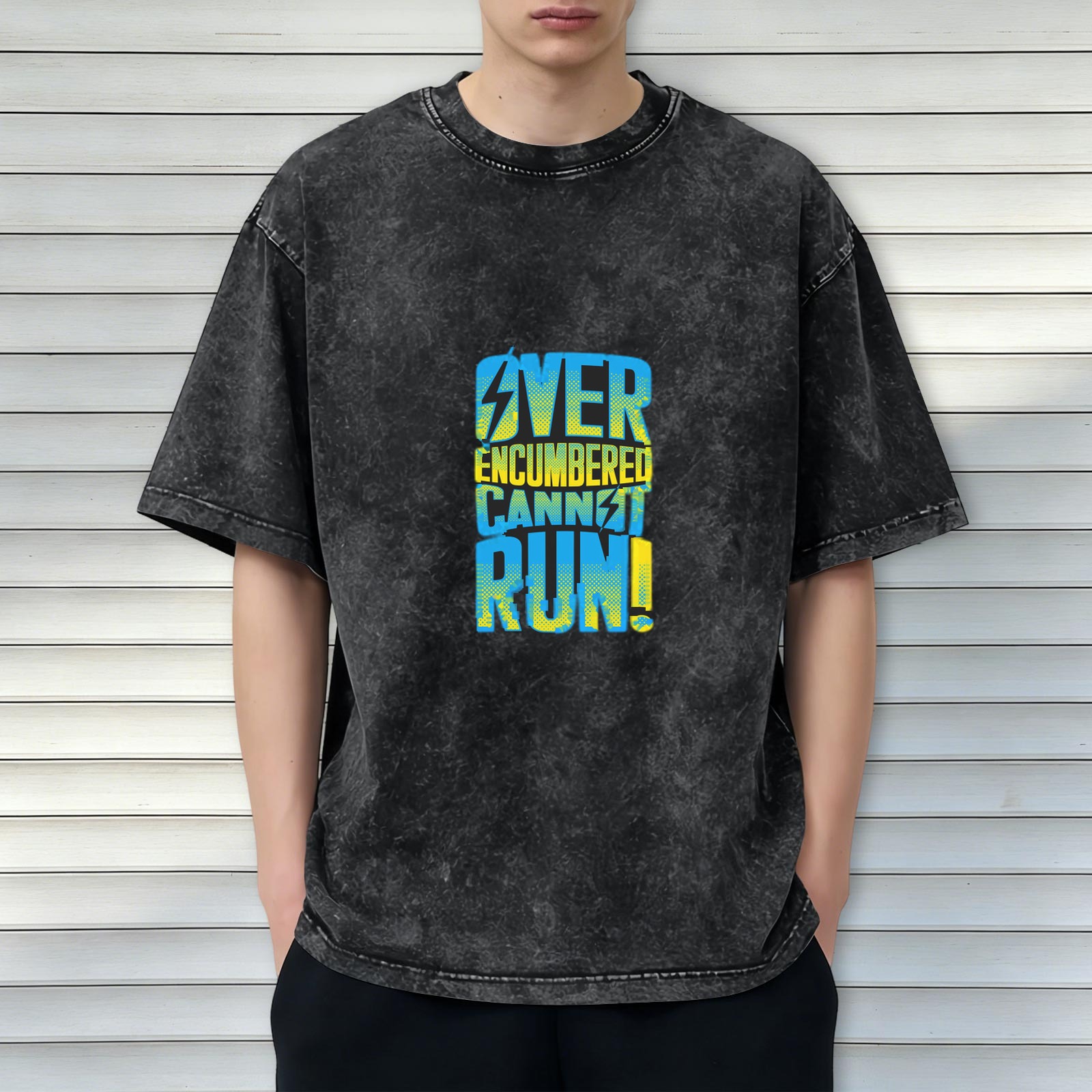 Over Encumbered Cannot Run Graphic Dark Wash T-Shirt