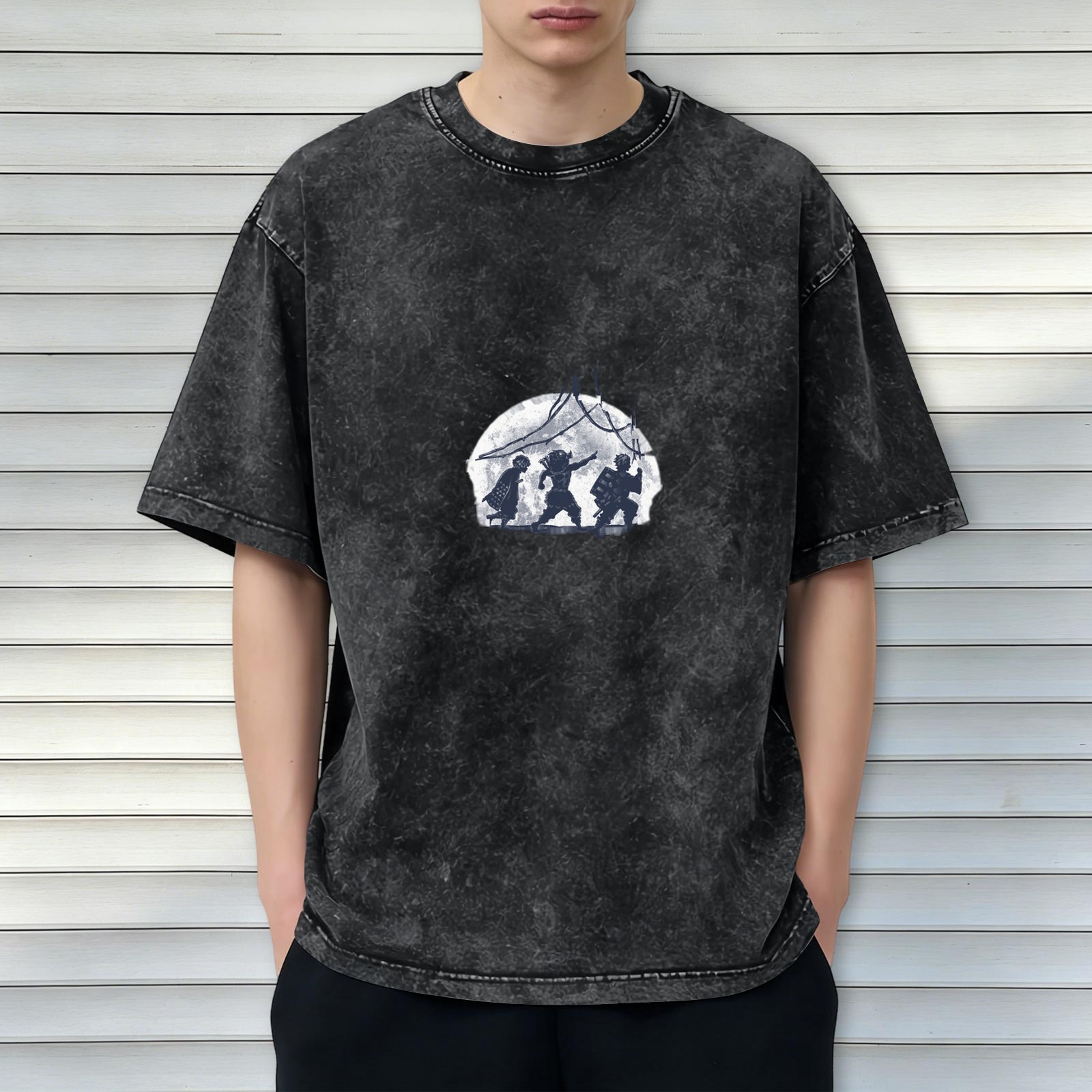 Washed Black Oversized T-Shirt With Moon Warrior Silhouette Graphic
