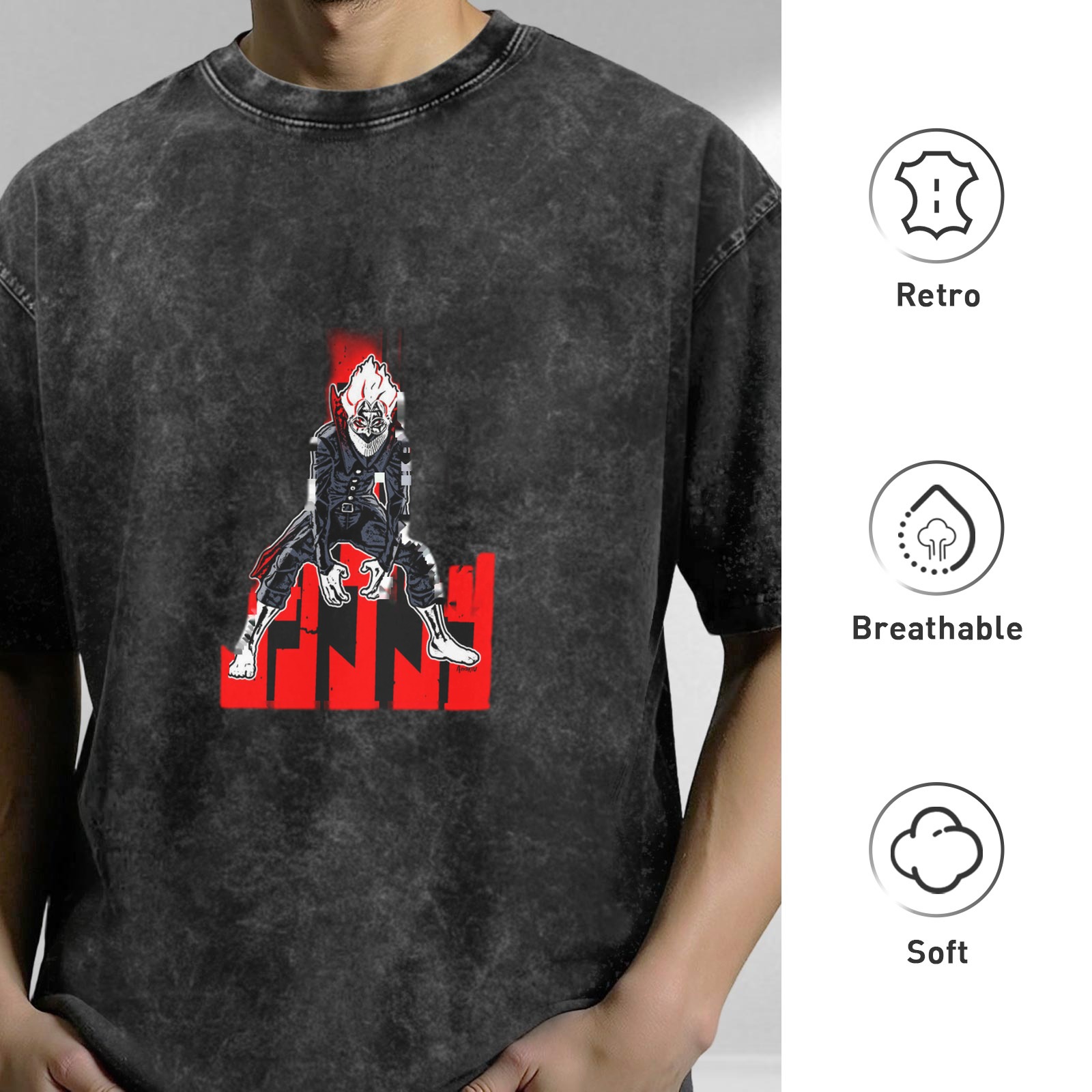 Oversized dark washed graphic t-shirt with anime villain print
