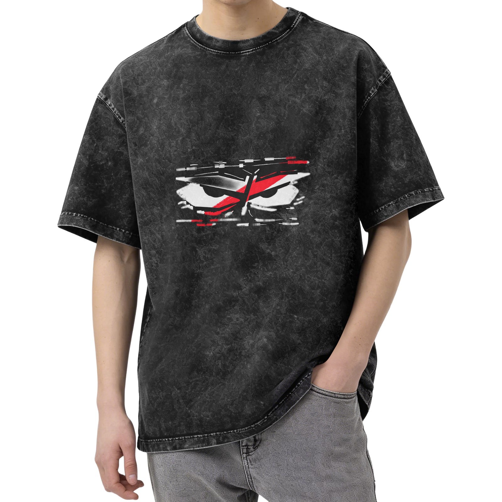 Washed Black T-Shirt With Glitchy Angry Eyes Graphic