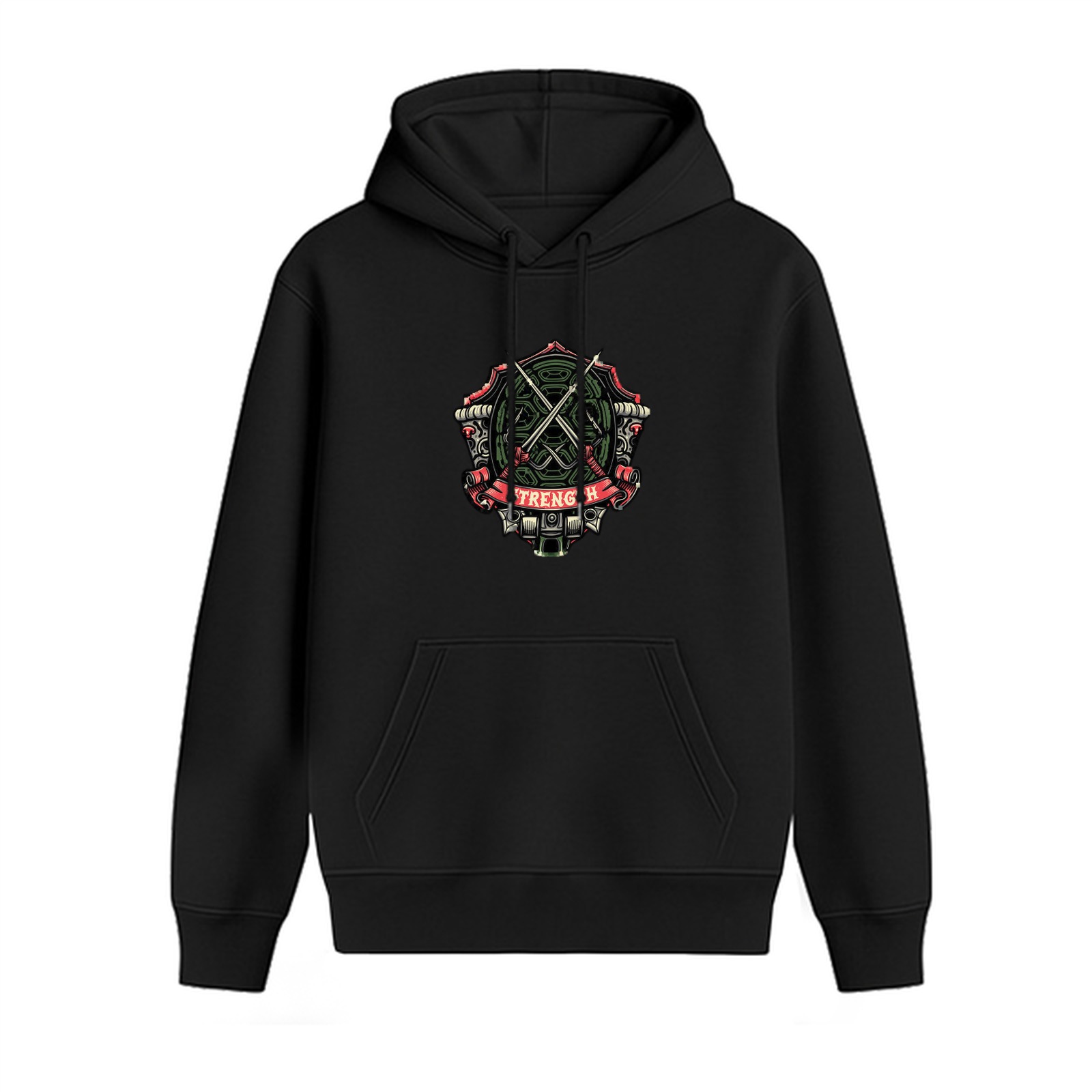 Black Hoodie With Heraldic Strength Crest Graphic