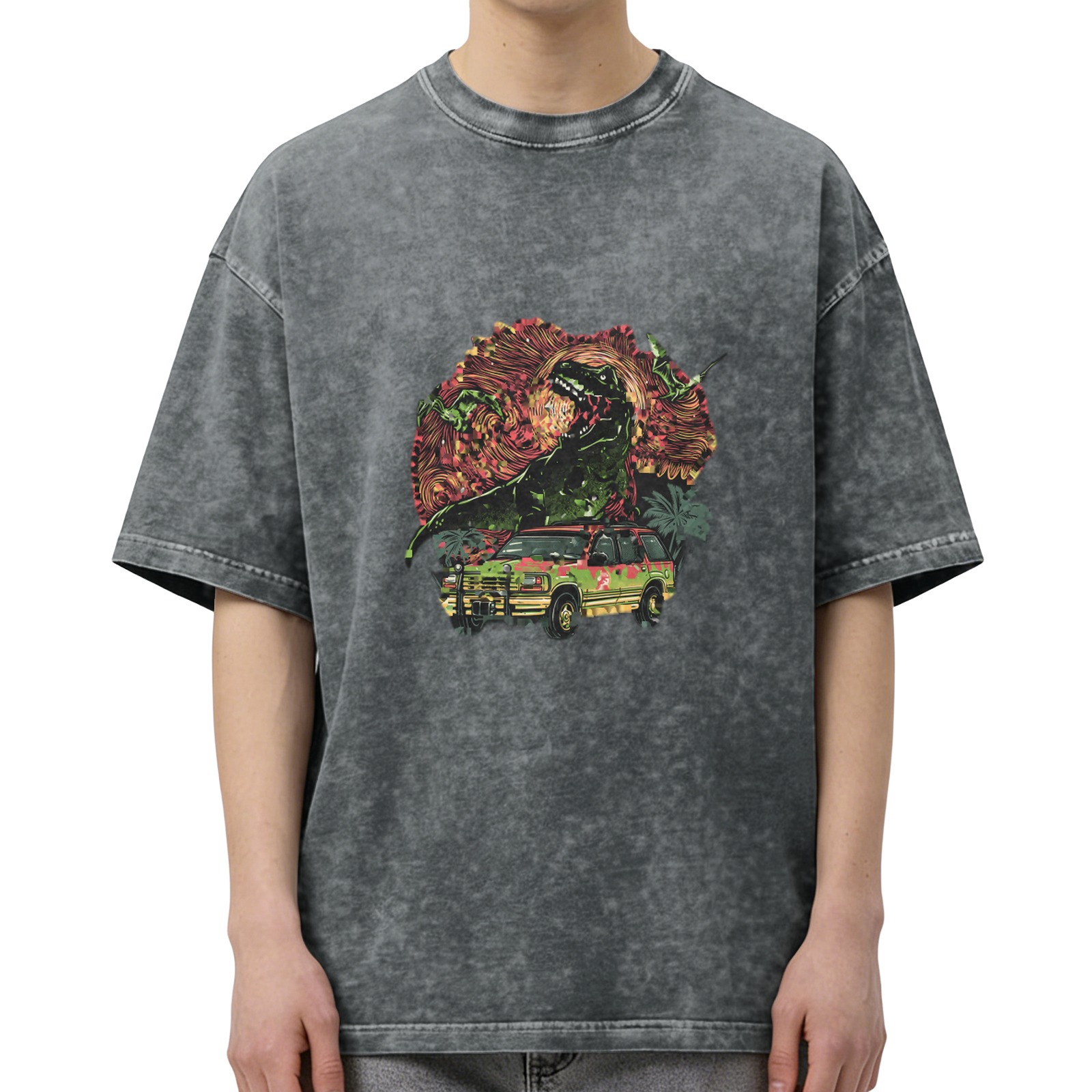 Washed Black T-Shirt with Dinosaur SUV Graphic Print