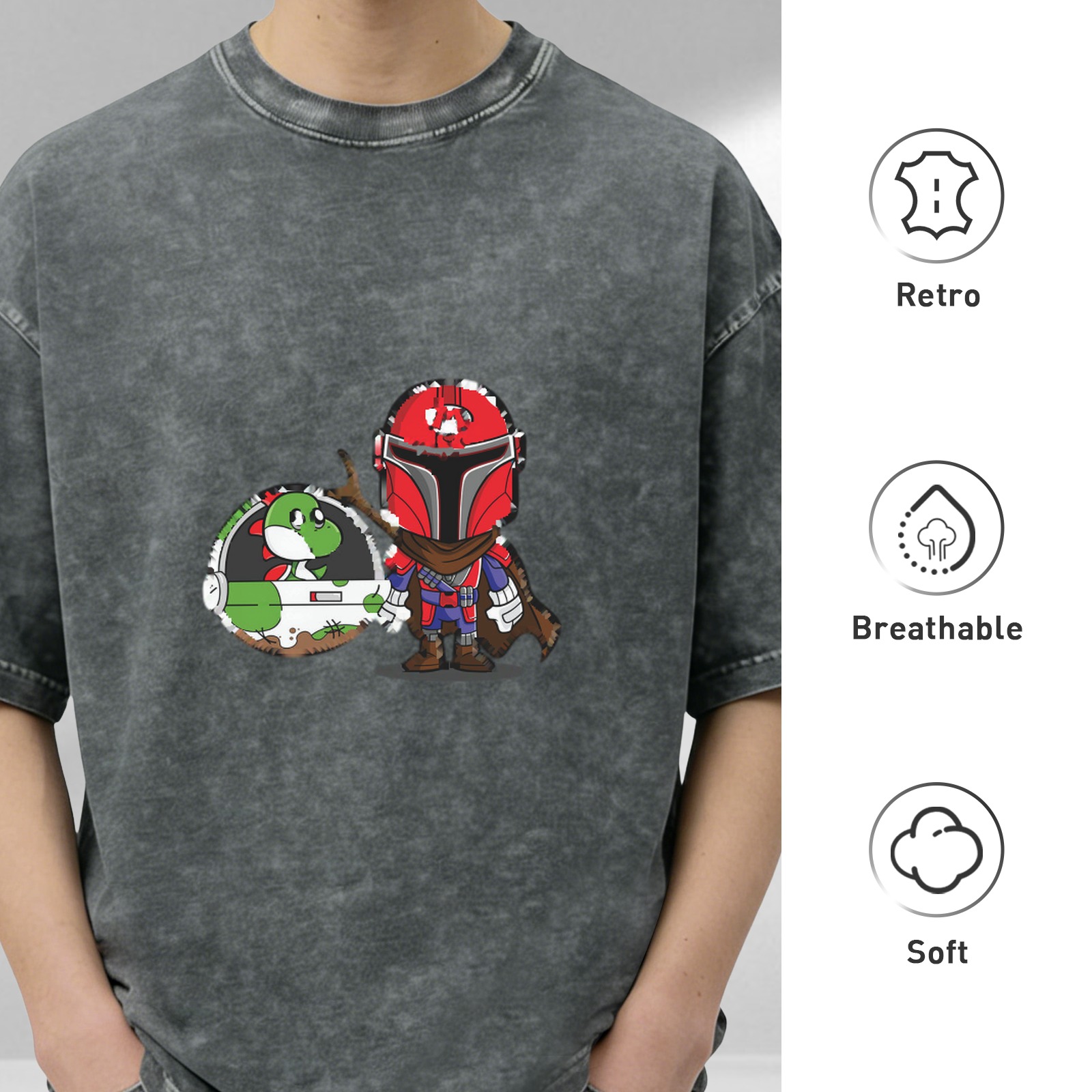 Retro washed black short-sleeved T-shirt, cartoon and anime co-branded print, loose casual top