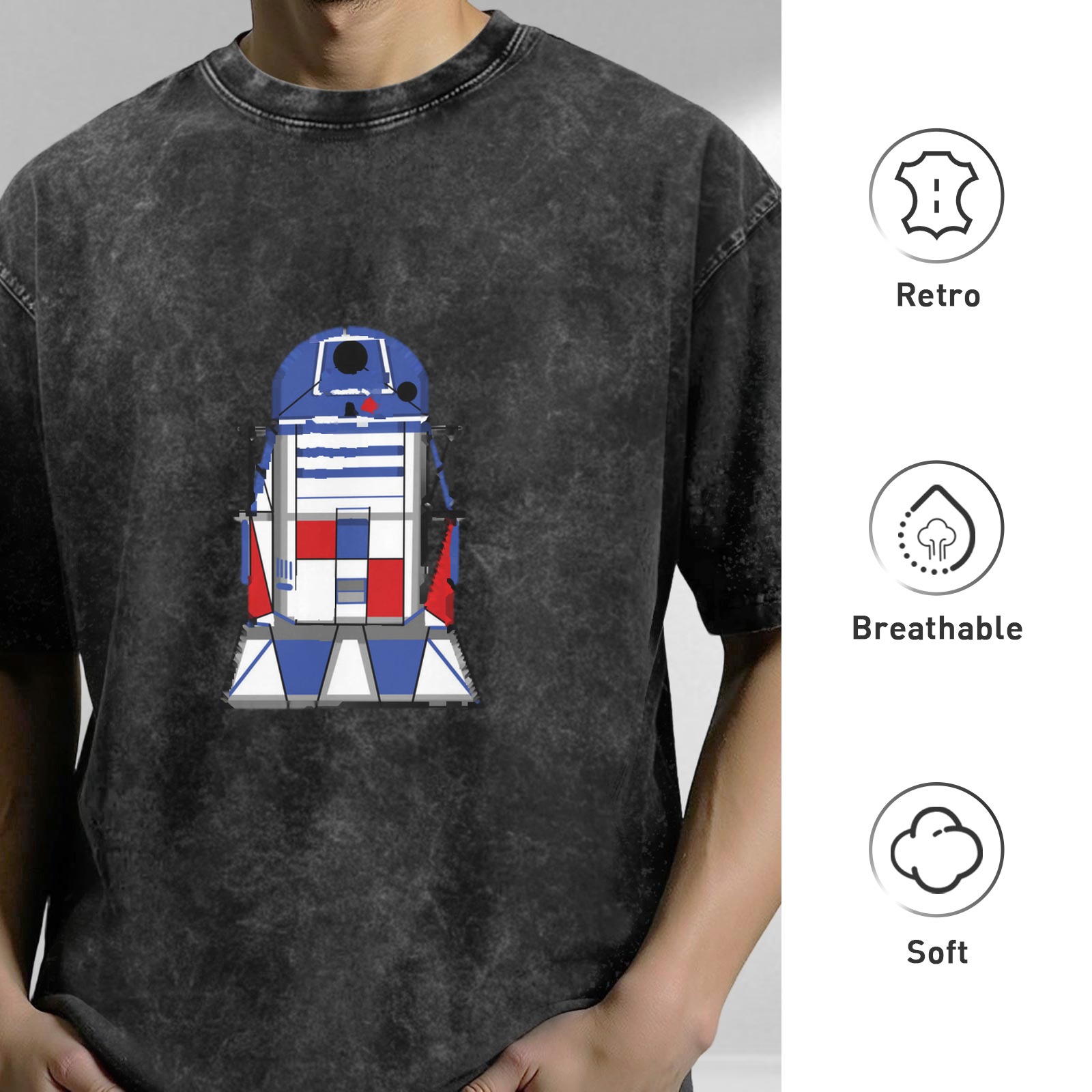 Washed Black T-Shirt with R2-D2 Graphic Print
