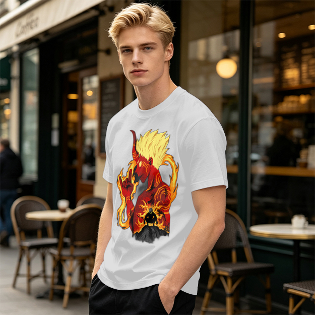 Oni Demon Flame Graphic Olive Green Casual T-Shirt