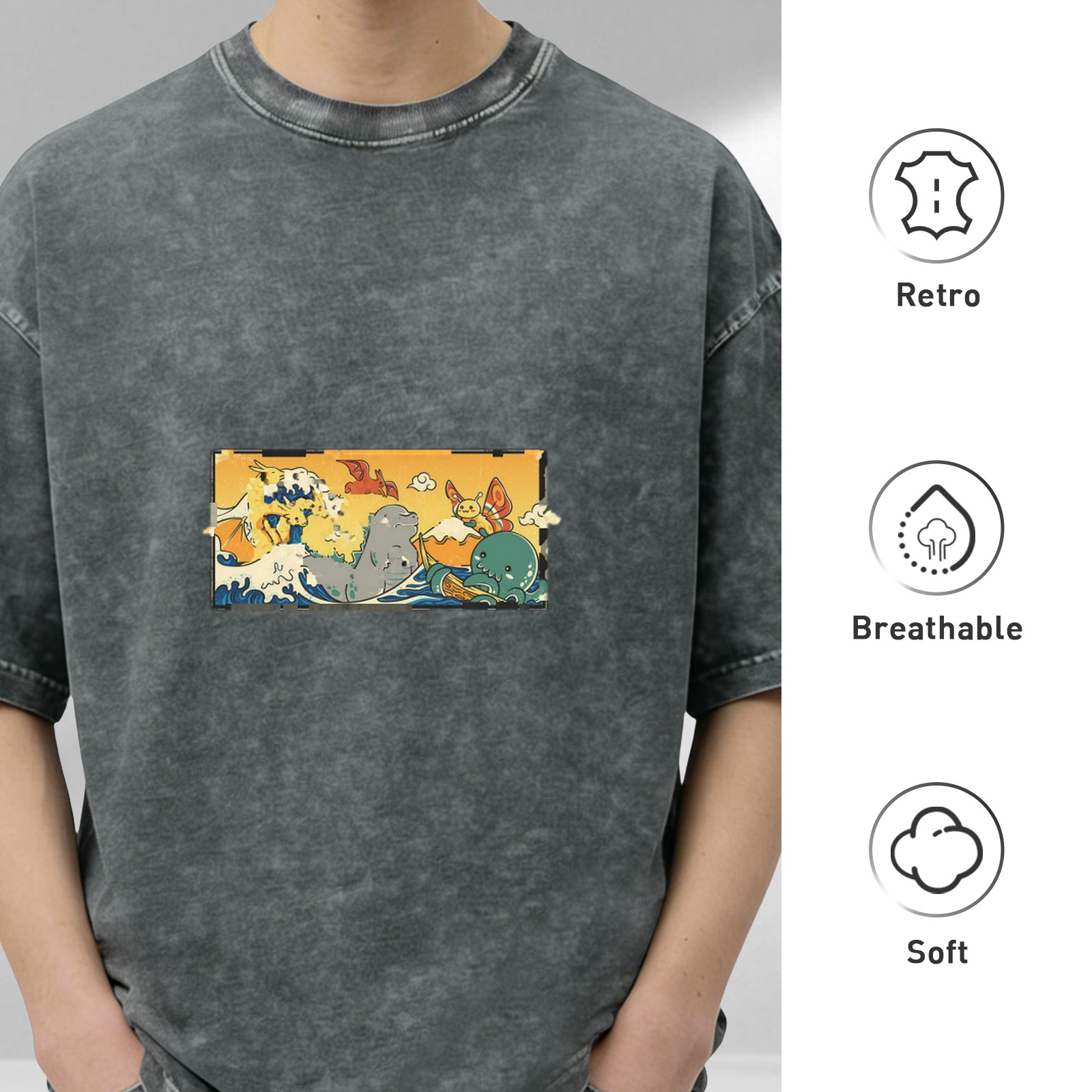 Washed Black Oversized T-Shirt with Cute Monster Wave Graphic
