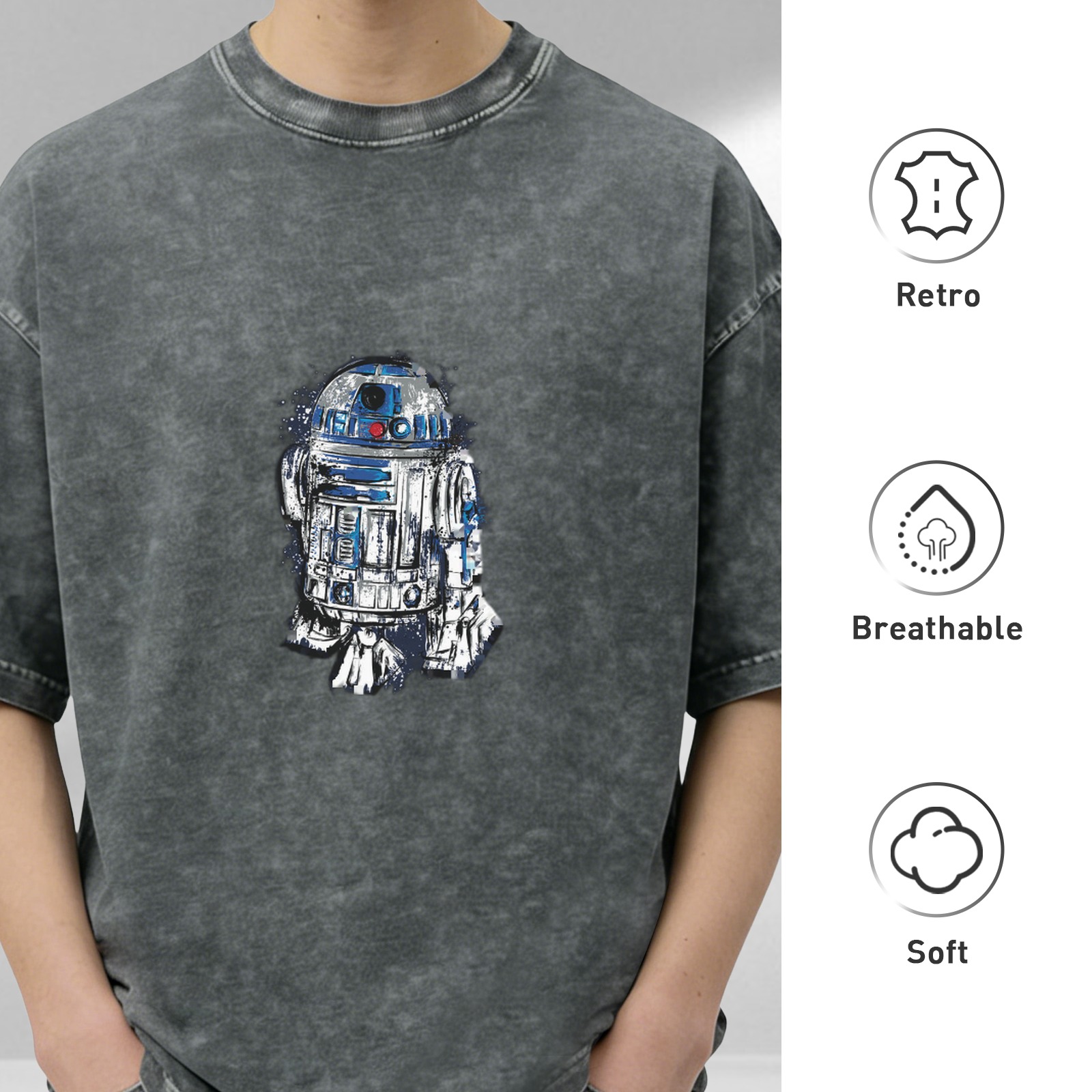 Washed Black Short Sleeve T-Shirt with Star Wars R2-D2 Graphic