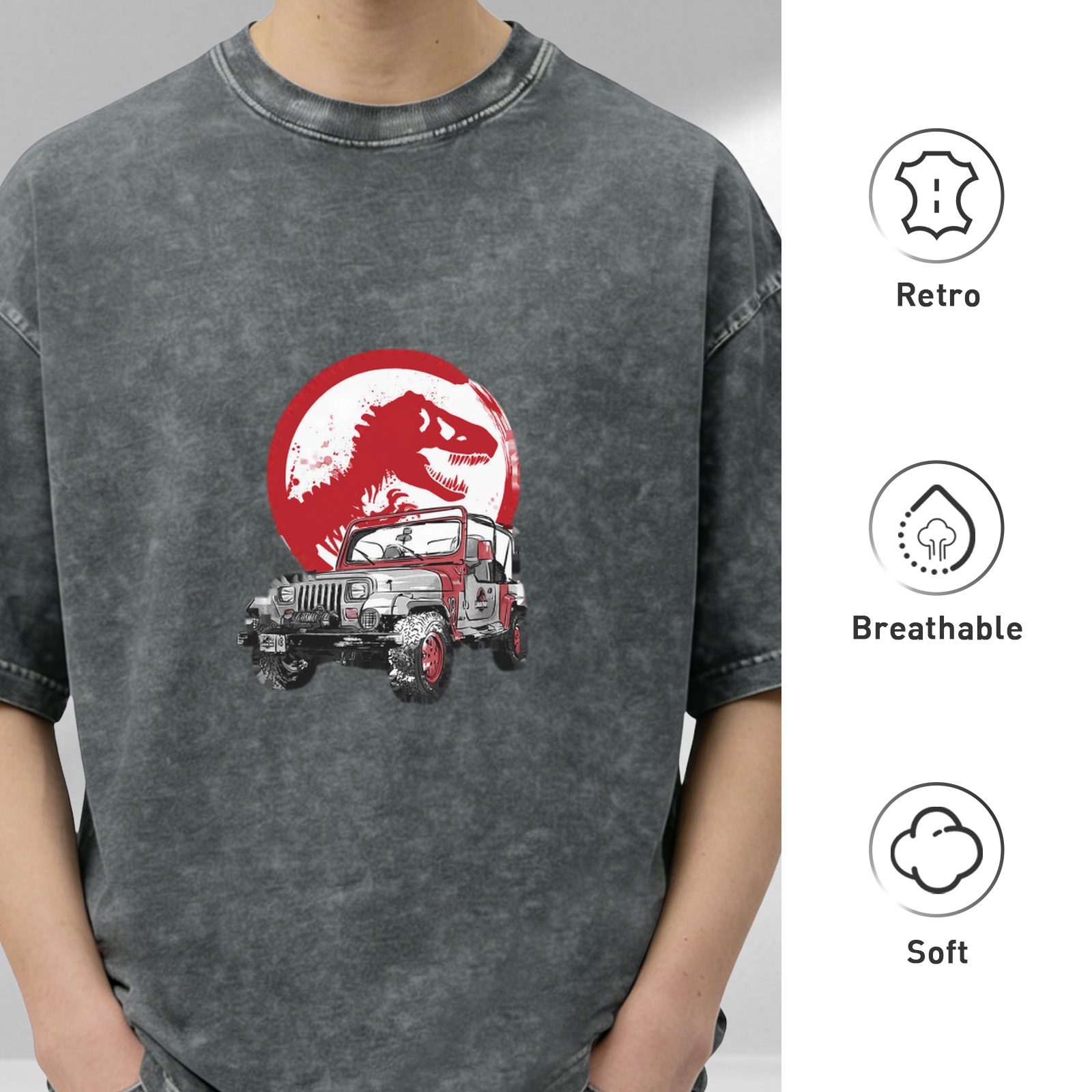 Washed Black T-Shirt with Dinosaur and Off-Road Jeep Graphic