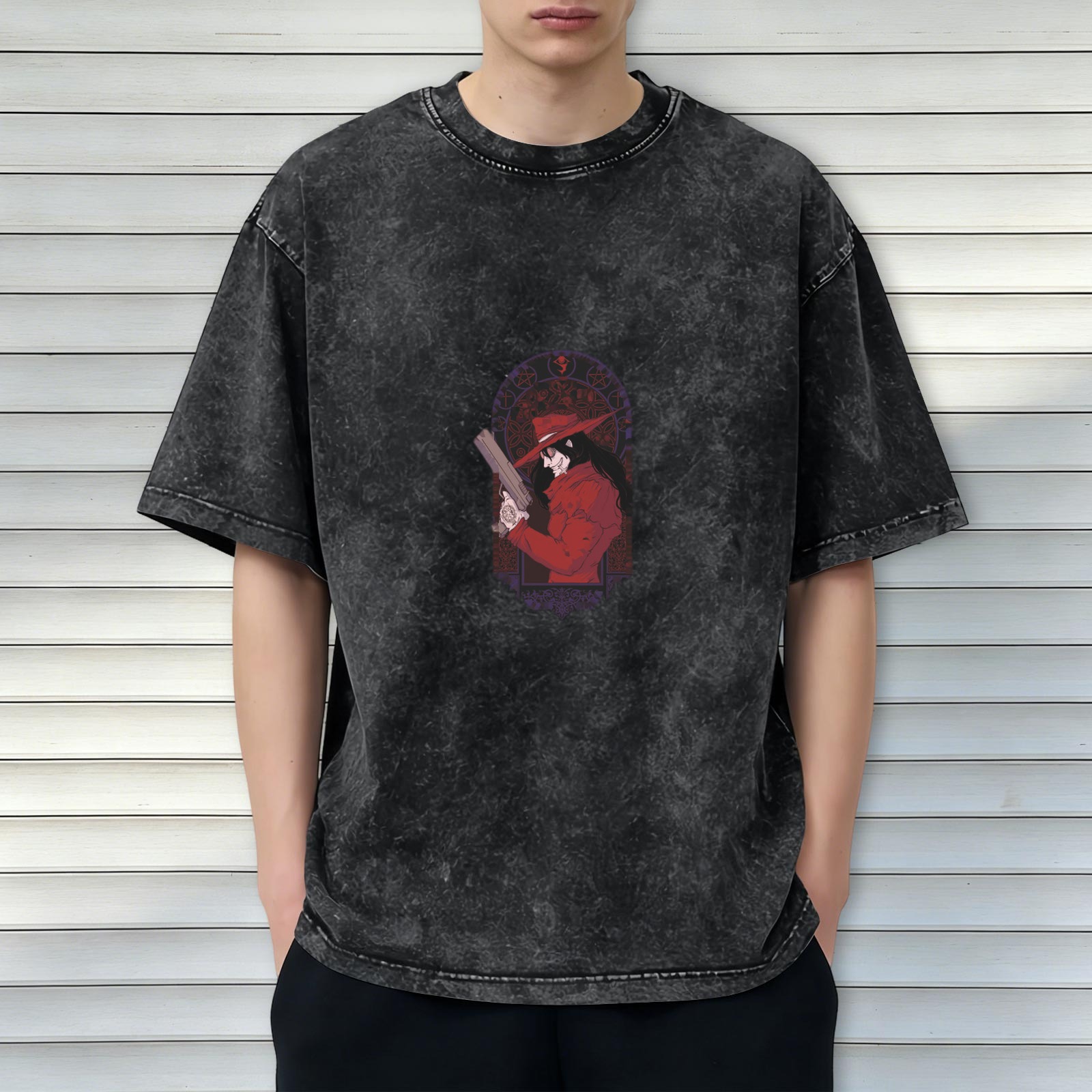 Distressed washed black loose short-sleeved T-shirt anime character print (Hellsing Accardo theme)