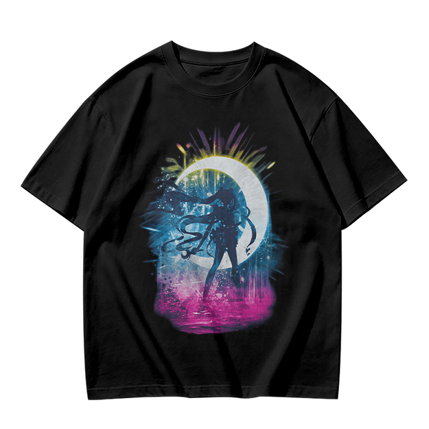 Olive T-Shirt with Crescent Moon Anime Character Silhouette Art