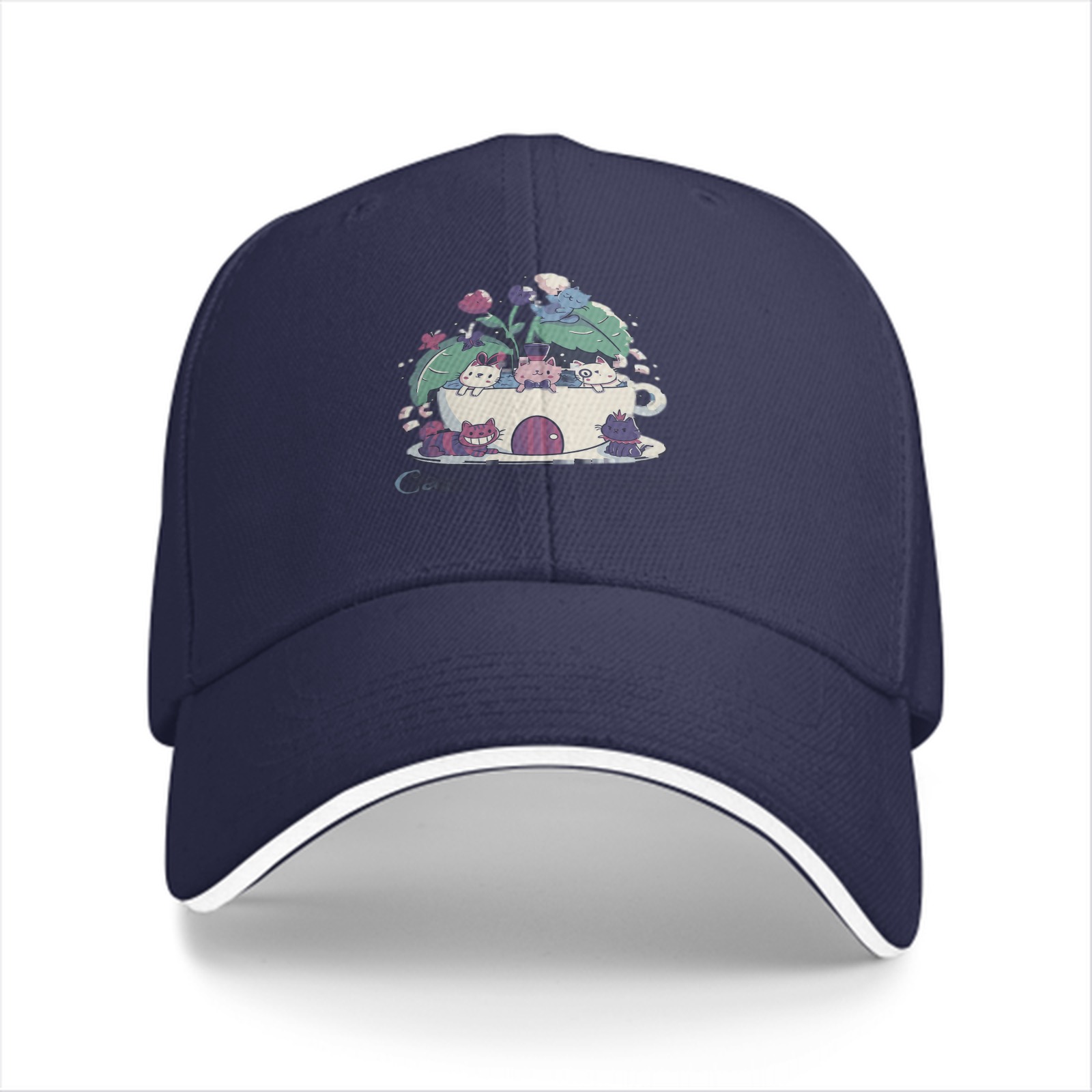 Black Baseball Cap With Cute Teacup Kittens Graphic