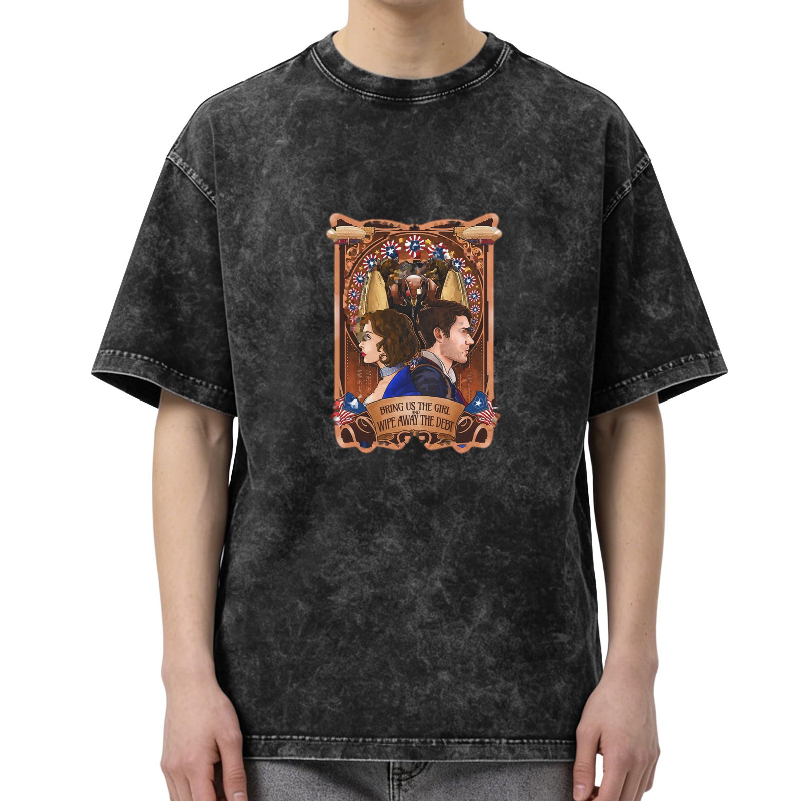 Washed Black Graphic T-Shirt With Bioshock Infinite Style Art Print