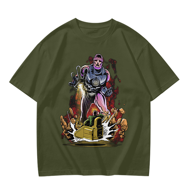 Olive T-shirt with Robot Villain and Tank Action Graphic