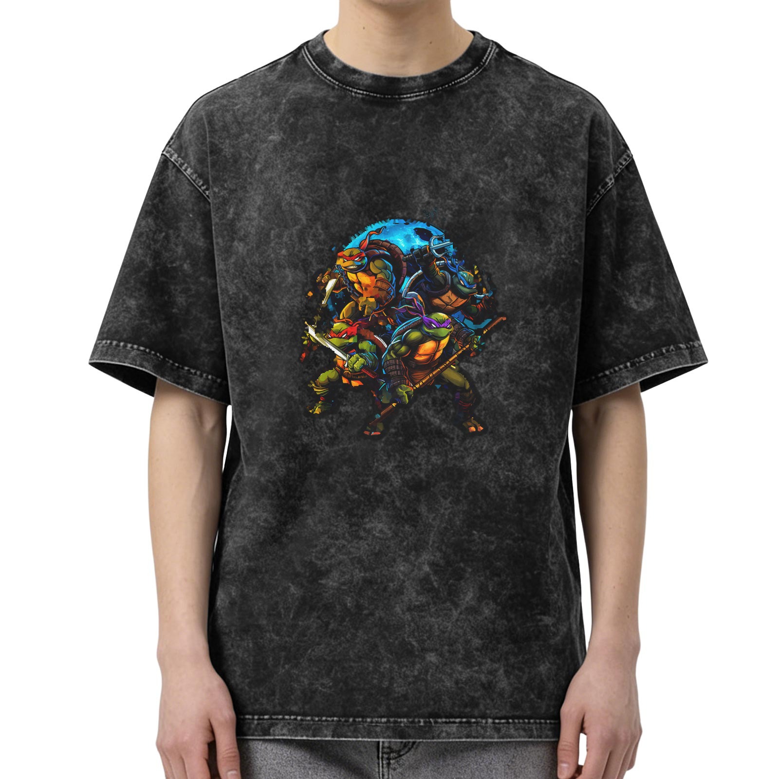 Oversized Dark Wash T-Shirt with Teenage Mutant Ninja Turtles Graphic
