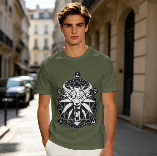 Olive T-Shirt With Witcher Wolf Medallion Magic Circle Print