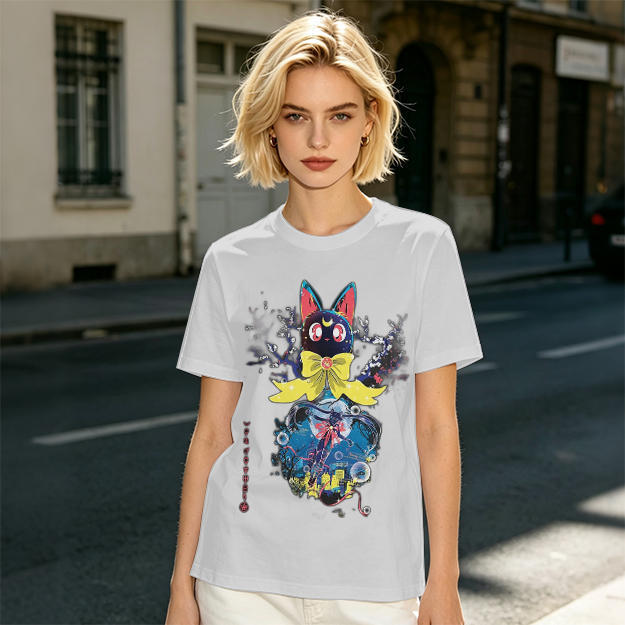 Olive T-Shirt with Black Cat Anime Art Print