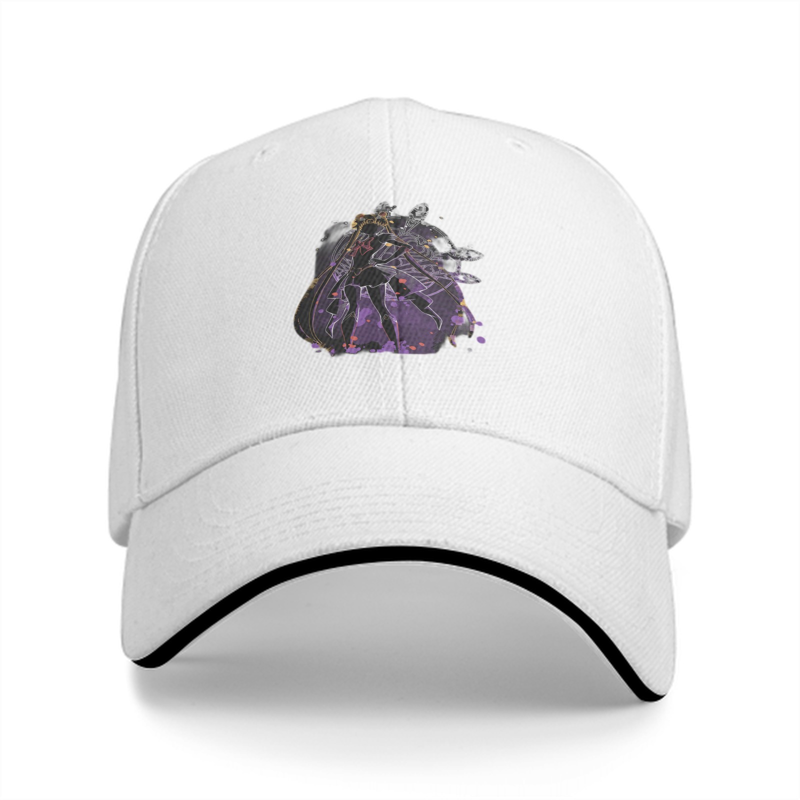 Black Baseball Cap With Purple Abstract Character Art Print