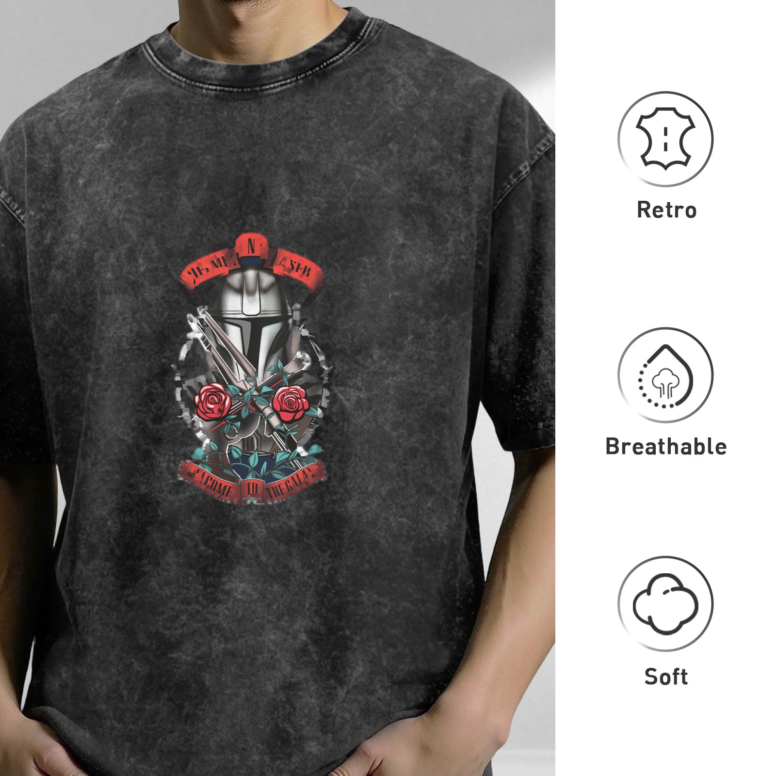 Washed Black T-Shirt With Mandalorian Helmet And Roses Graphic