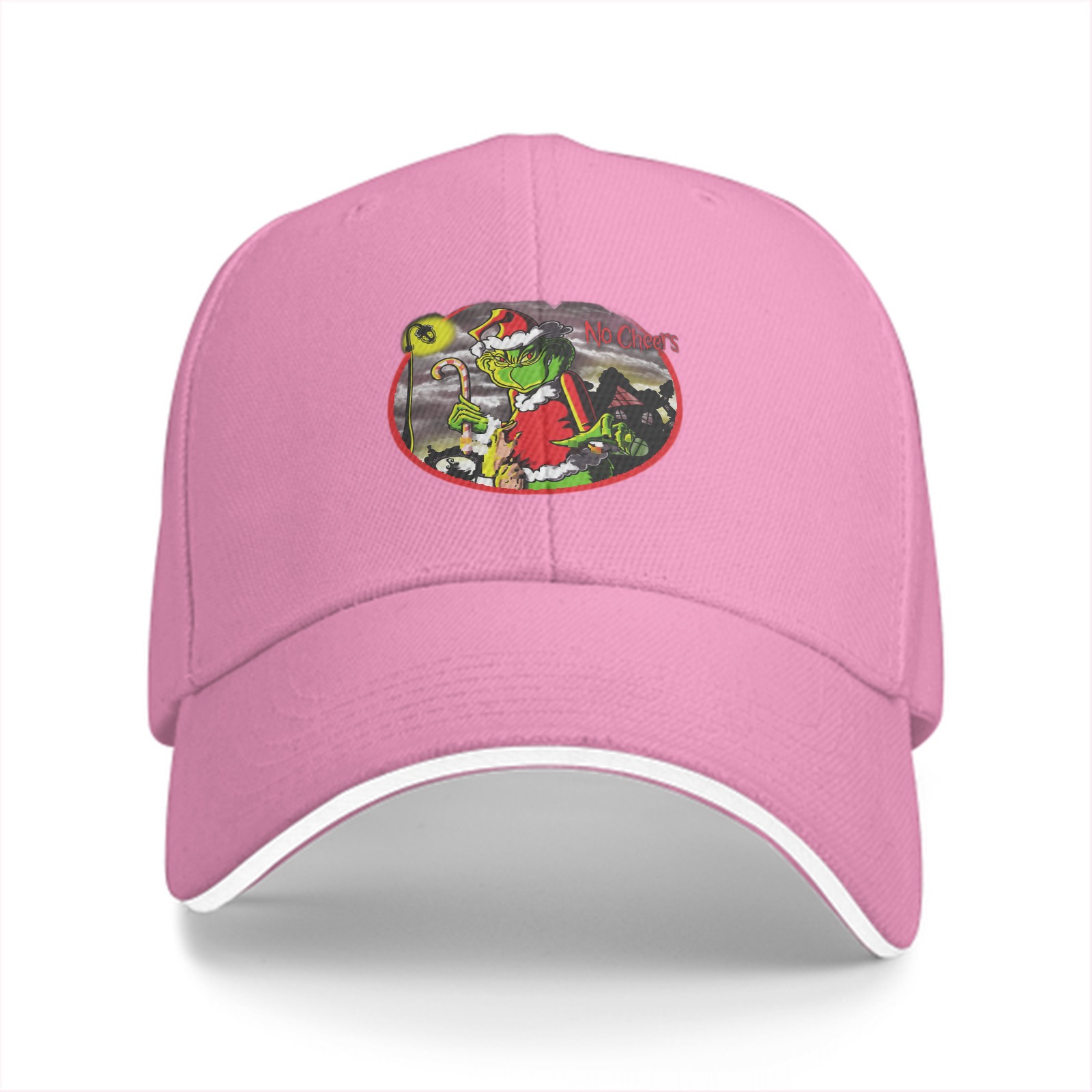 Black baseball cap with Grinch 'No Cheer' Christmas graphic