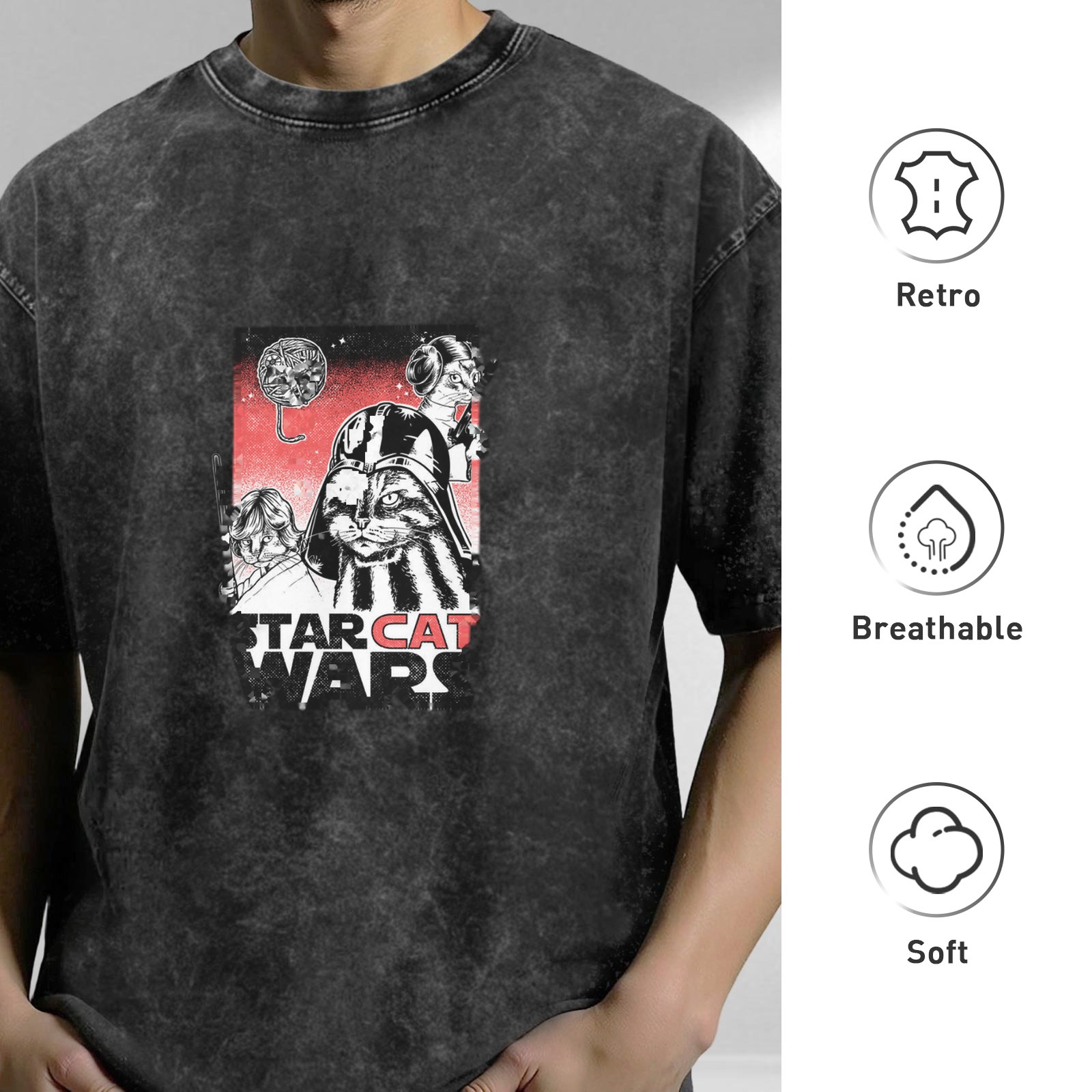 Star Cat Wars Graphic Acid Wash T-Shirt for Cat and Sci-Fi Fans