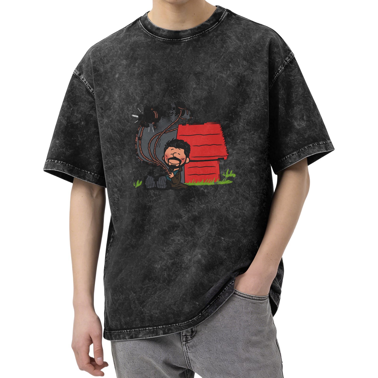 Washed Black T-Shirt With Parody Cartoon Doghouse Graphic