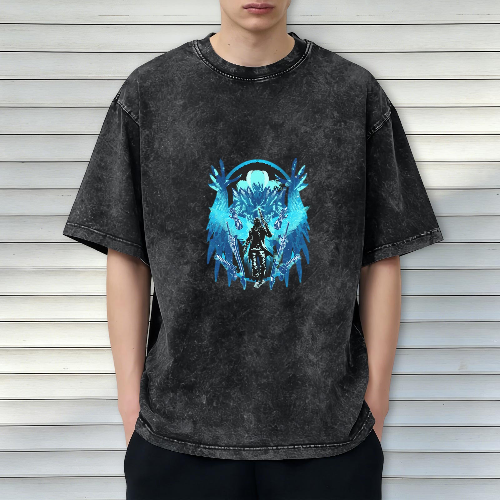 Washed Black Graphic T-Shirt With Blue Fantasy Winged Warrior Design