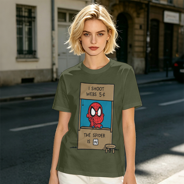 Olive t-shirt with cartoon Spider-Man web stand print