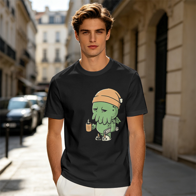 Olive T-Shirt With Sleepy Cthulhu Holding Coffee And Phone