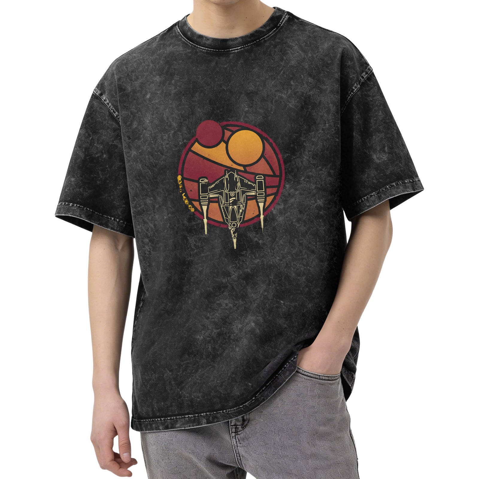 Washed Black Graphic T-Shirt with Space Ship and Dual Suns Design