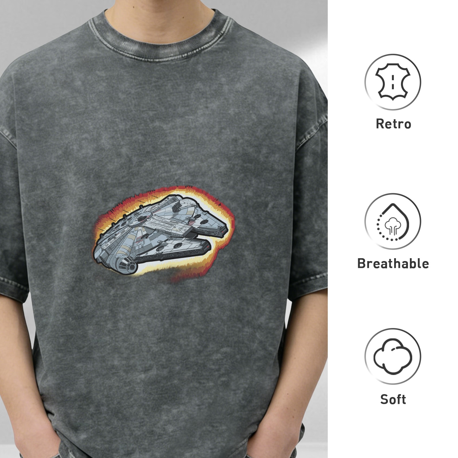 Oversized Acid Wash T-Shirt with Millennium Falcon Graphic