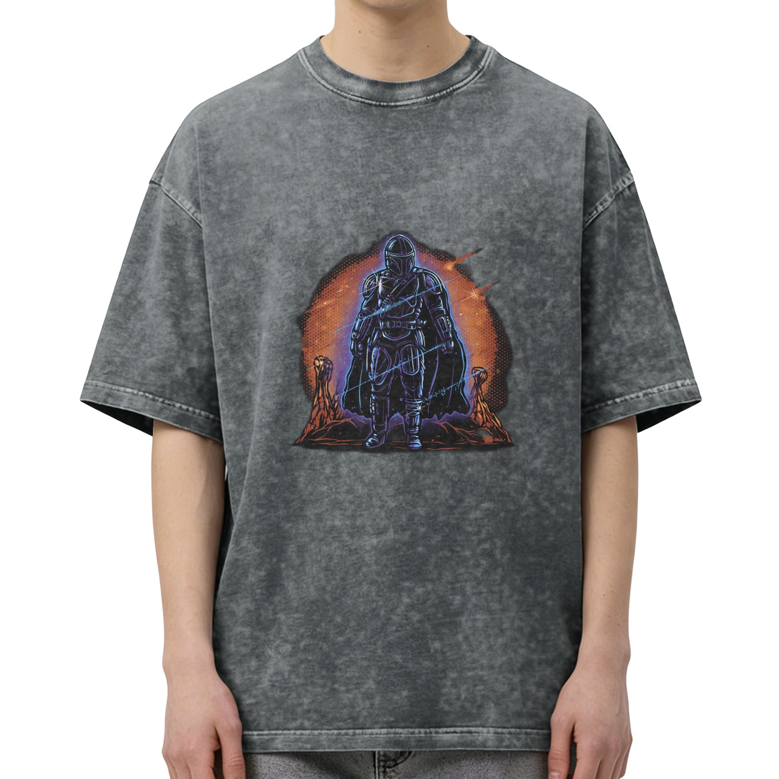 Washed Black T-Shirt With Sci-Fi Bounty Hunter Desert Print
