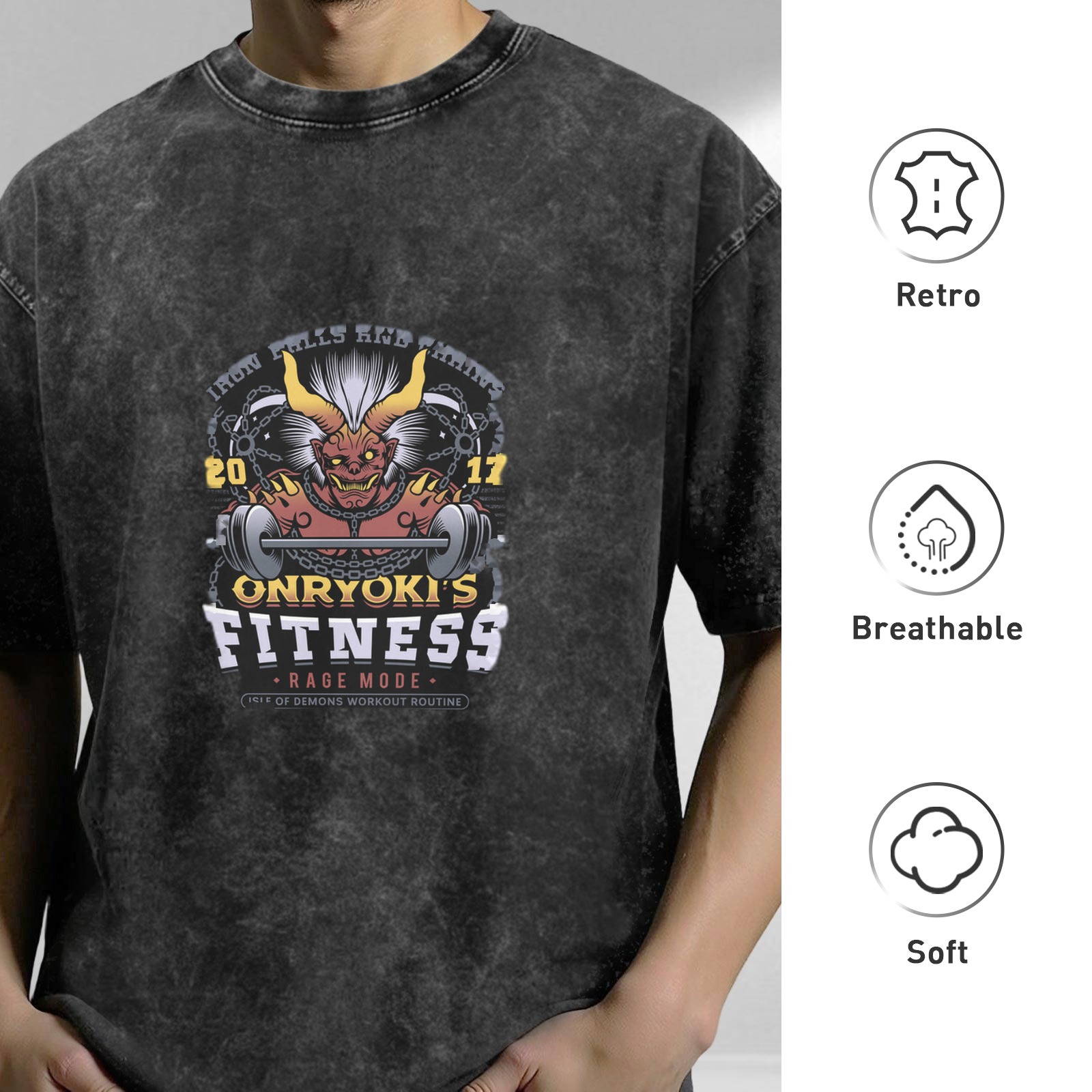 Oversized Acid Wash T-Shirt With Onryoki's Fitness Demon Print