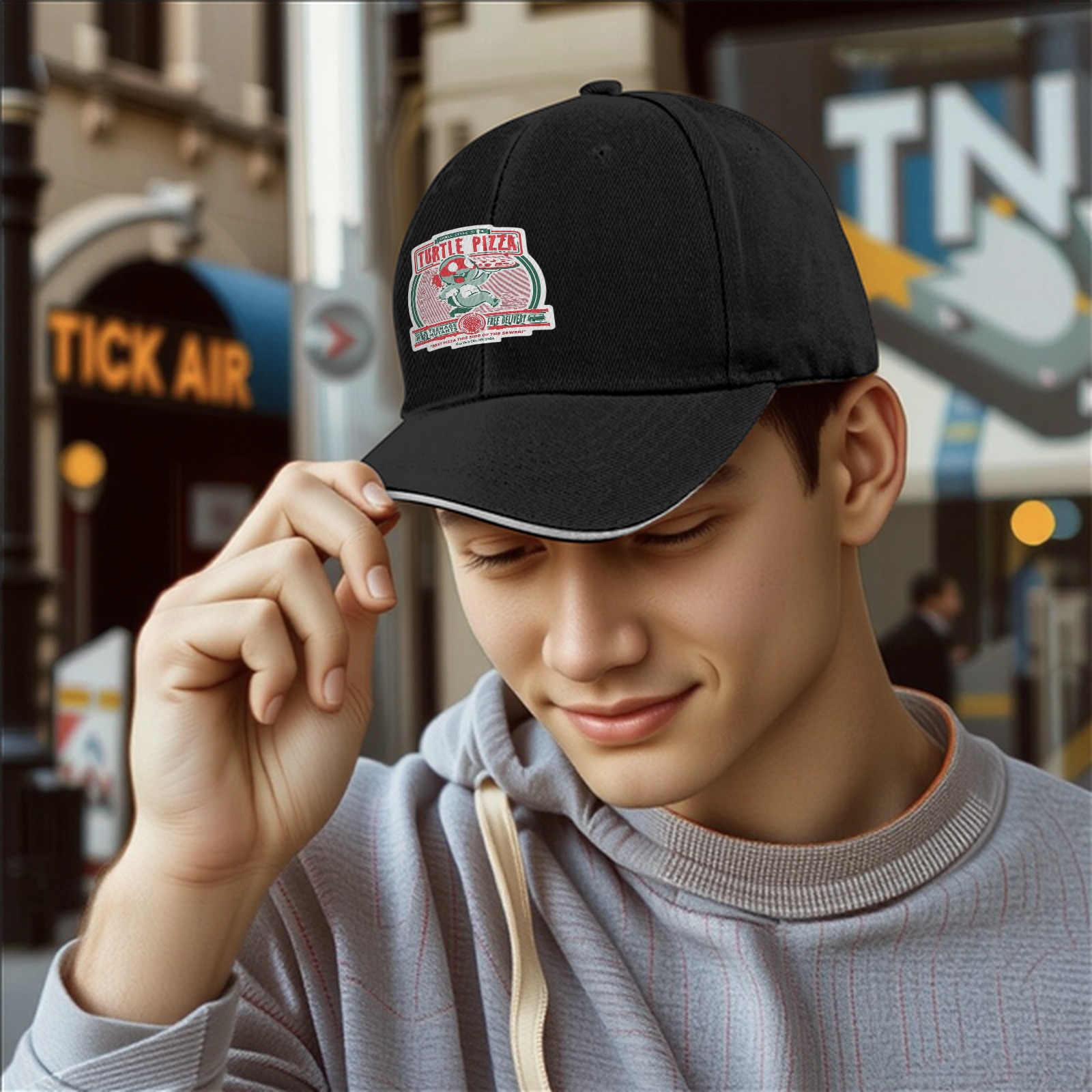 Black Baseball Cap With Turtle Pizza Graphic Print