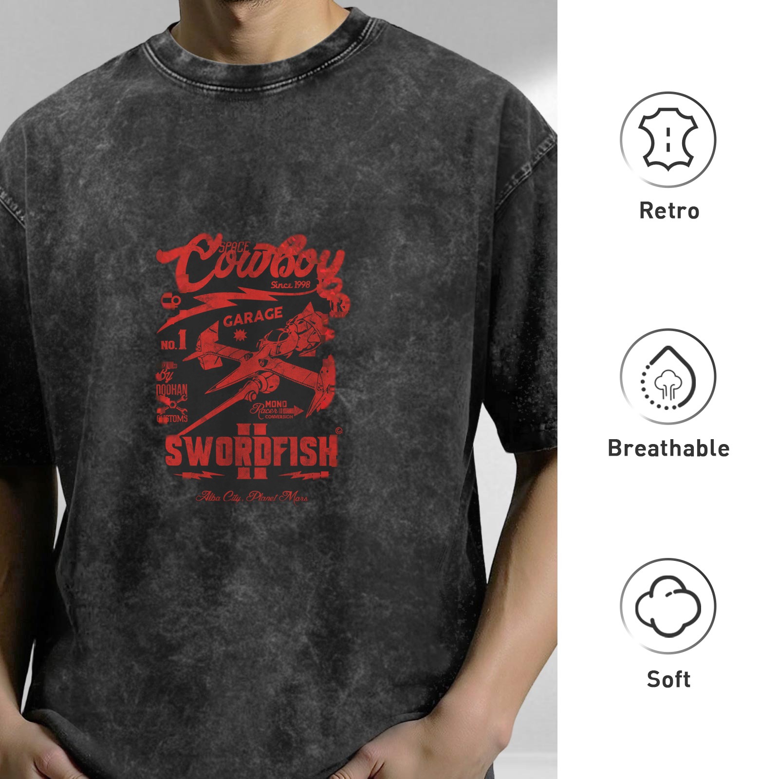 Distressed washed black round neck short-sleeved T-shirt Cowboy Bebop theme Swordfish II print loose casual top