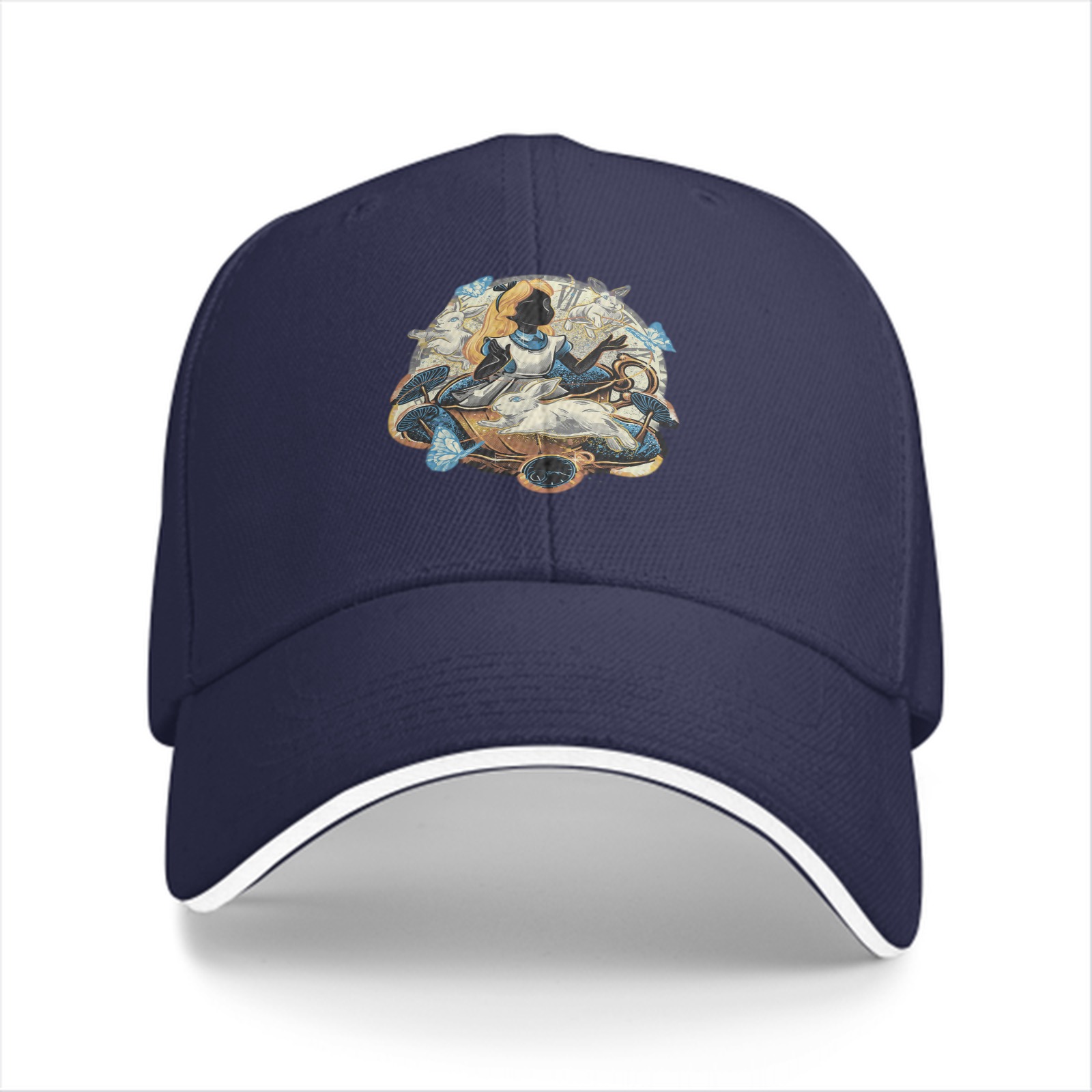 Black baseball cap with Alice in Wonderland themed graphic