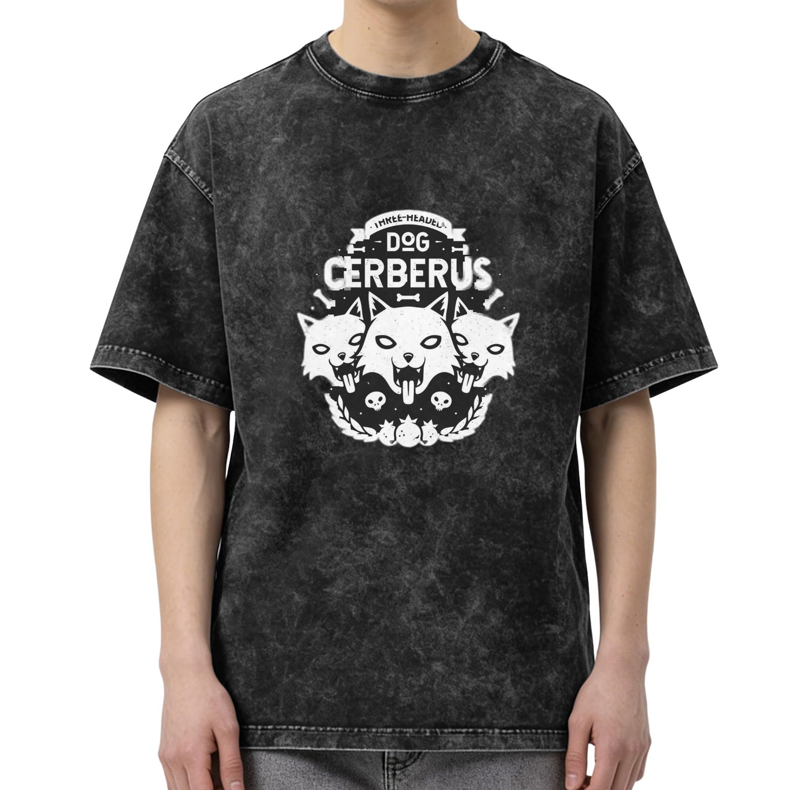 Oversized dark wash graphic t-shirt with three-headed Cerberus dog design