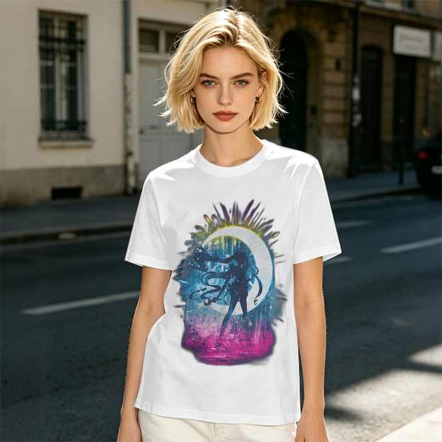Olive T-Shirt with Crescent Moon Anime Character Silhouette Art