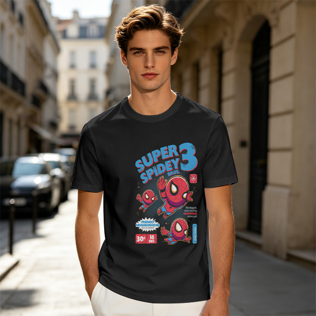 Olive T-shirt with Super Spidey 3 Chibi Spider-Man Graphic