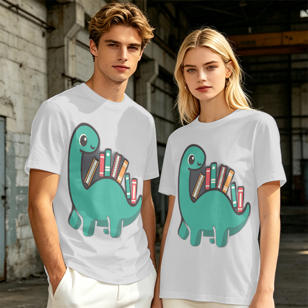 Olive T-shirt with cute dinosaur carrying books graphic