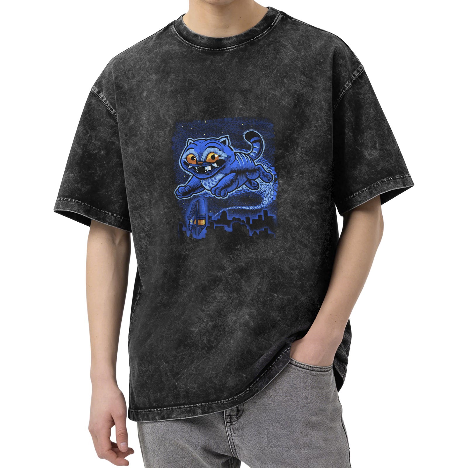 Oversized Acid Wash T-Shirt With Blue Flying Cat City Night Print