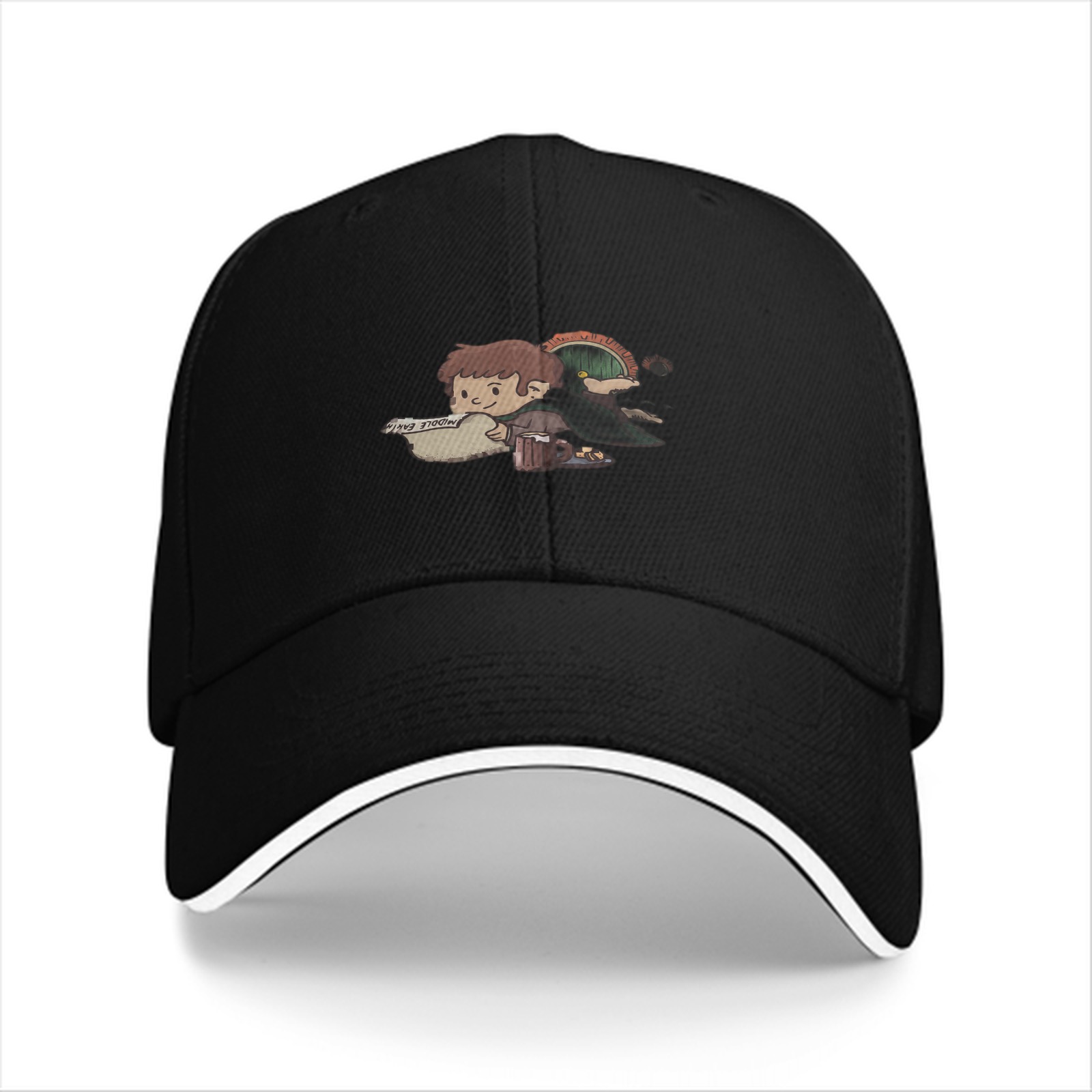 Black Baseball Cap with Cute Hobbit Character Print