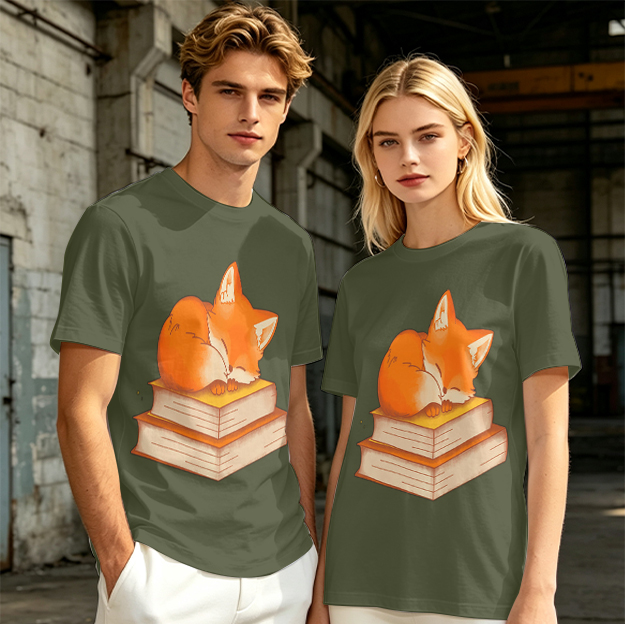 Olive T-Shirt With Sleeping Fox On Stacked Books Print
