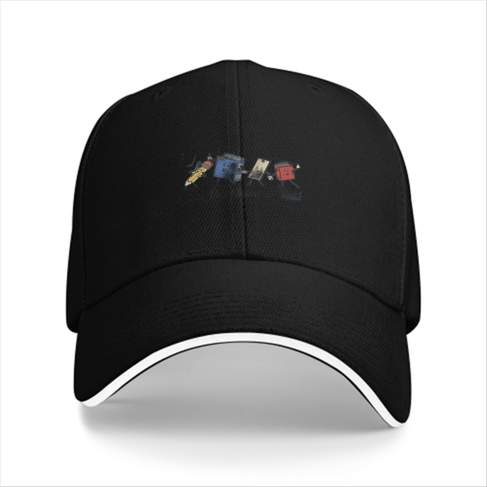 Black baseball cap with cartoon trash can character print