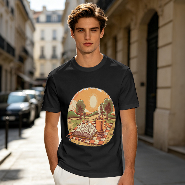 Olive T-Shirt with Sunset Picnic Book and Coffee Art
