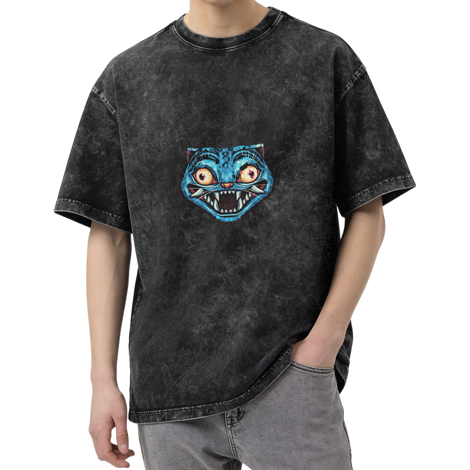 Oversized Acid Wash T-Shirt With Blue Monster Cat Graphic