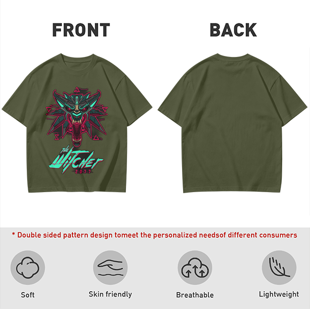 Olive green t-shirt with cyberpunk witcher wolf head graphic