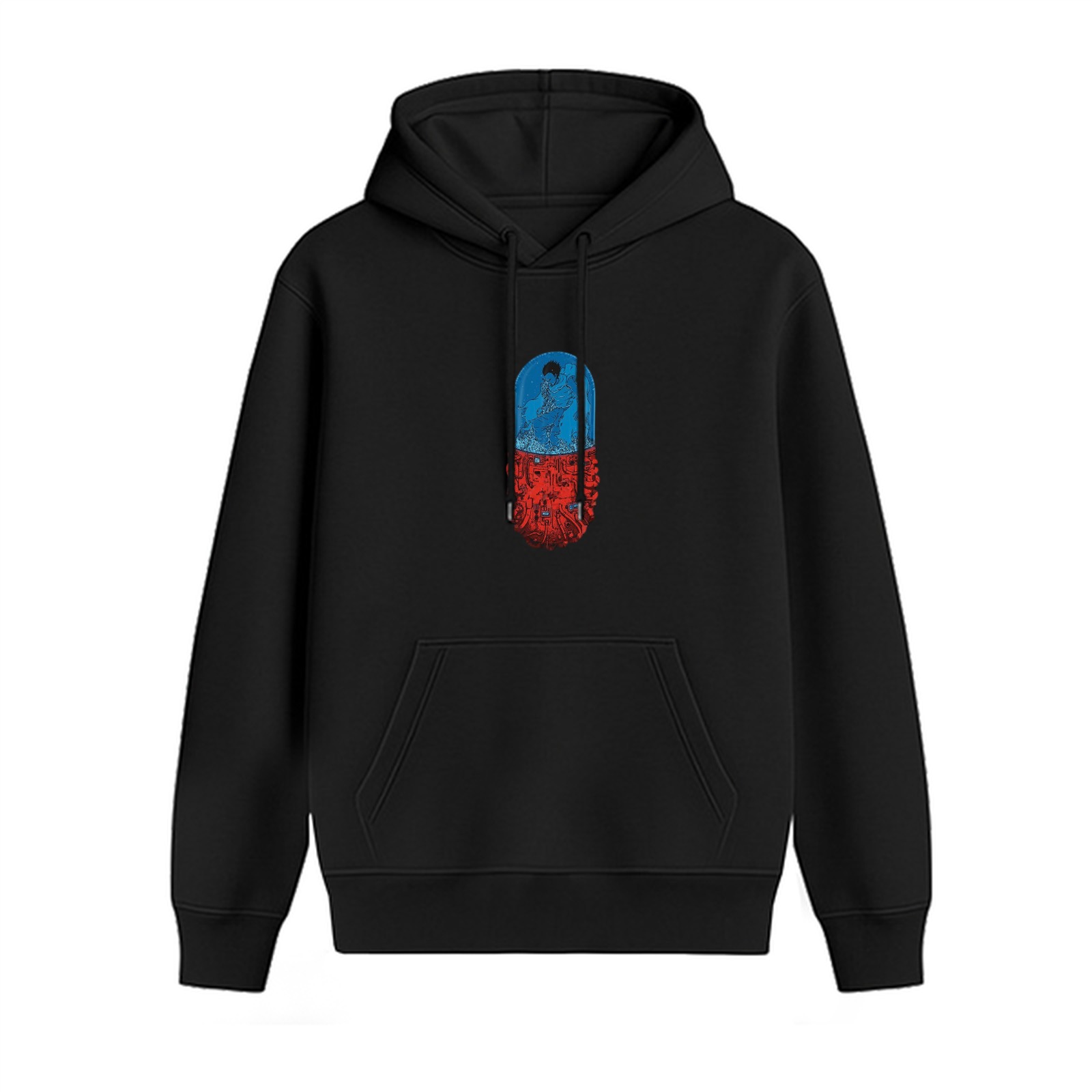 Black Hoodie with Split Blue Red Pill Graphic Print