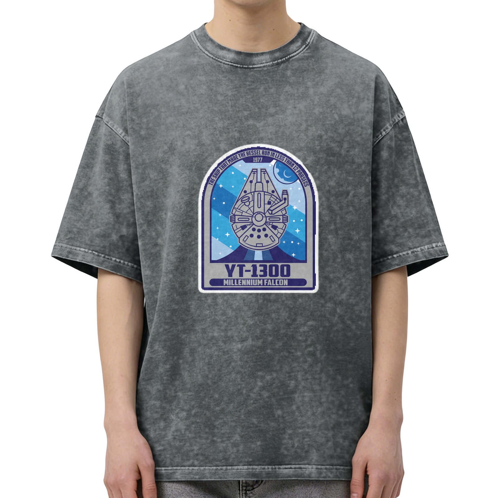 Oversized Stonewashed T-Shirt with Millennium Falcon YT-1300 Graphic